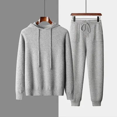 Men's Solid Color Casual Hooded Knitted Sweatshirt Long Pants Set
