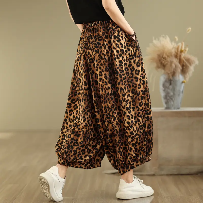 Fashionable Vintage Leopard-print Bloomers Wide-leg Pants