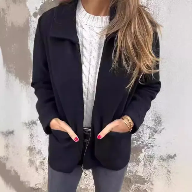 Lapel Zipper Jacket With Pockets Fashion Solid Color Coat Fall Winter Women's Clothing Black - Shop at LoveMi