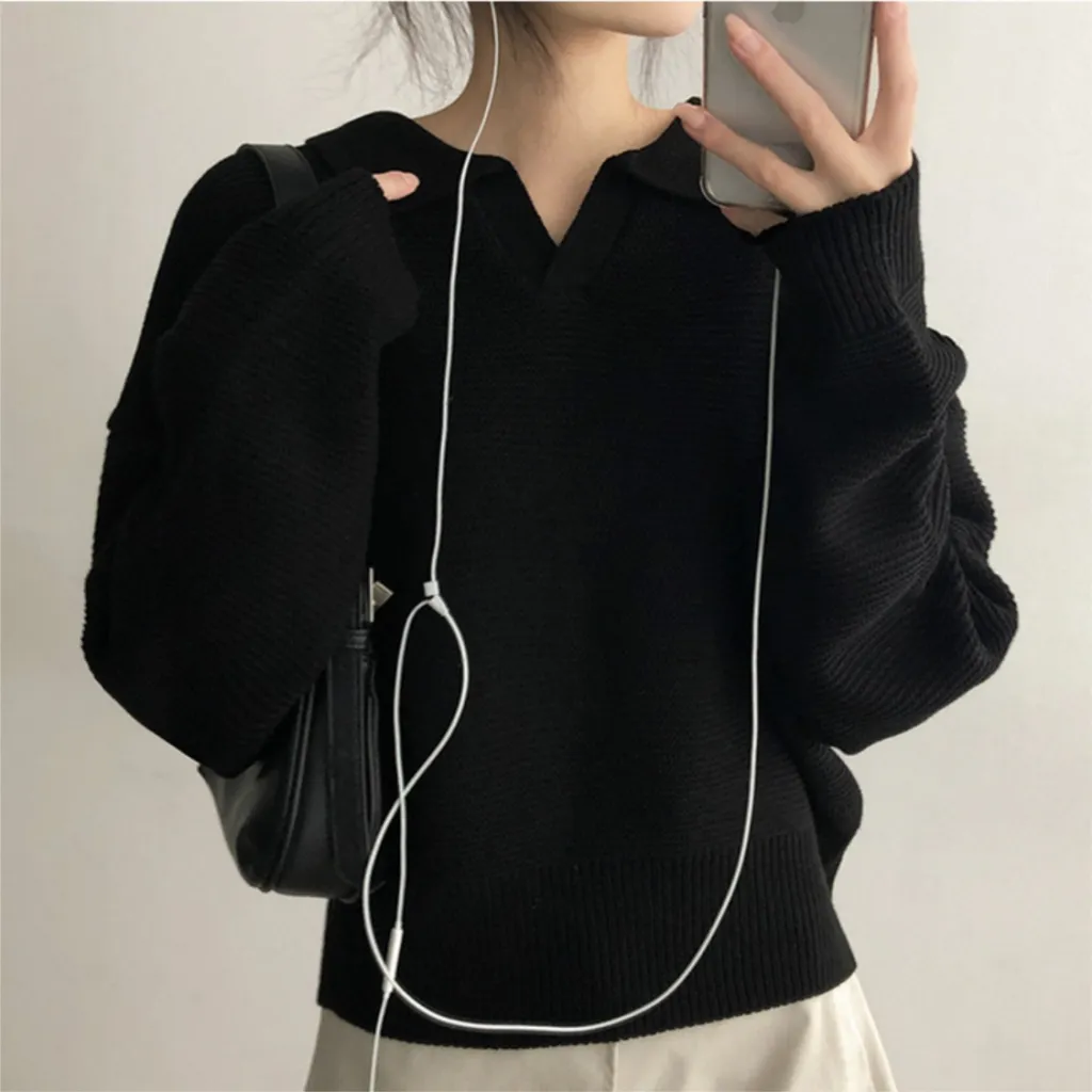 Winter Lapel Pullover Knitting Korean Style Sweater Thick Solid Color And V-neck Sweater - Black