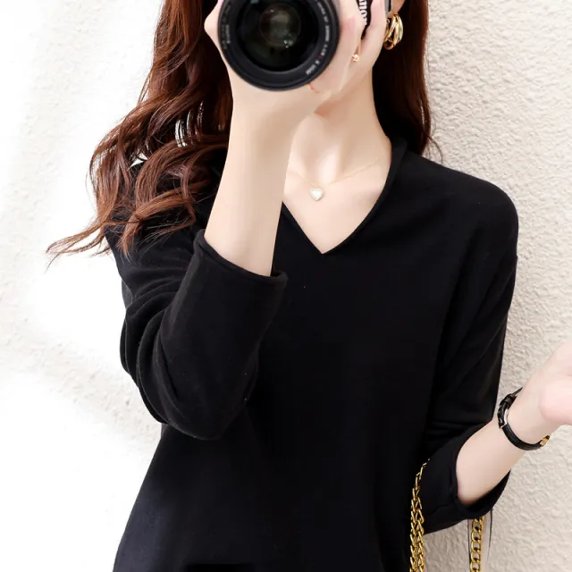 V neck Long Sleeve Women's Knitwear Top Black - Shop at LoveMi