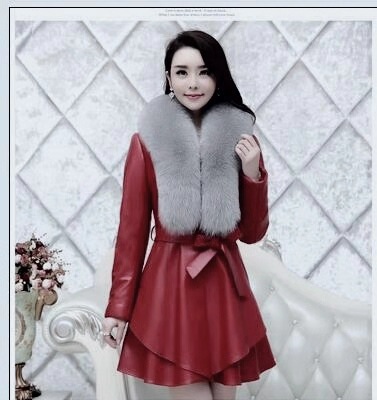 6-color Leather Imitation Fox Fur Collar Women's Mid-length Coat - Image 3