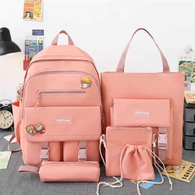 High Capacity Nylon Backpack For Middle School Students, Five Piece Set Pink - Shop at LoveMi