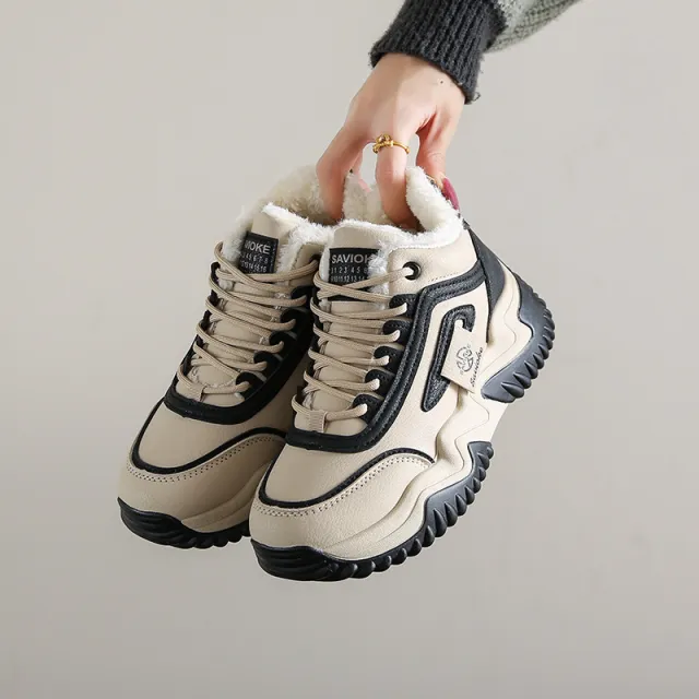Fleece lined Clunky Sneaker Female Warm Slugged Bottom Heighten Casual Shoes Black - Shop at LoveMi