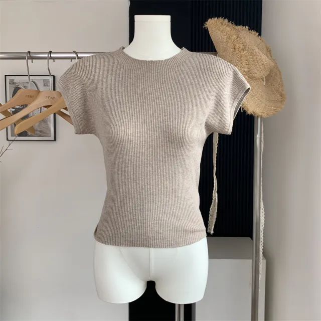Back Strap Knitted Short sleeved T shirt Women's Slim fit Short Knitted Top Khaki - Shop at LoveMi