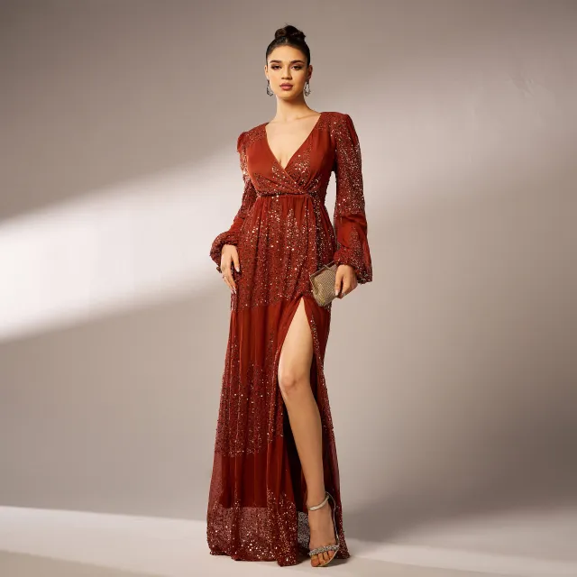 Long Sleeve V neck Sexy Long Sequined Evening Dress Brown - Shop at LoveMi