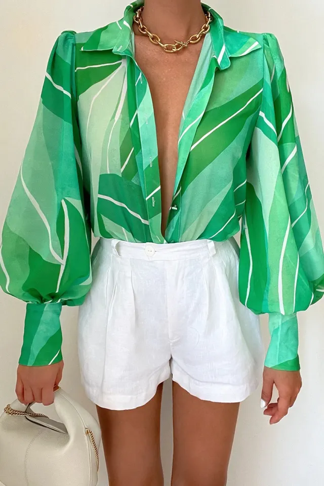 Women's Casual Bottoming Top Long sleeved Printed Shirt Green - Shop at LoveMi