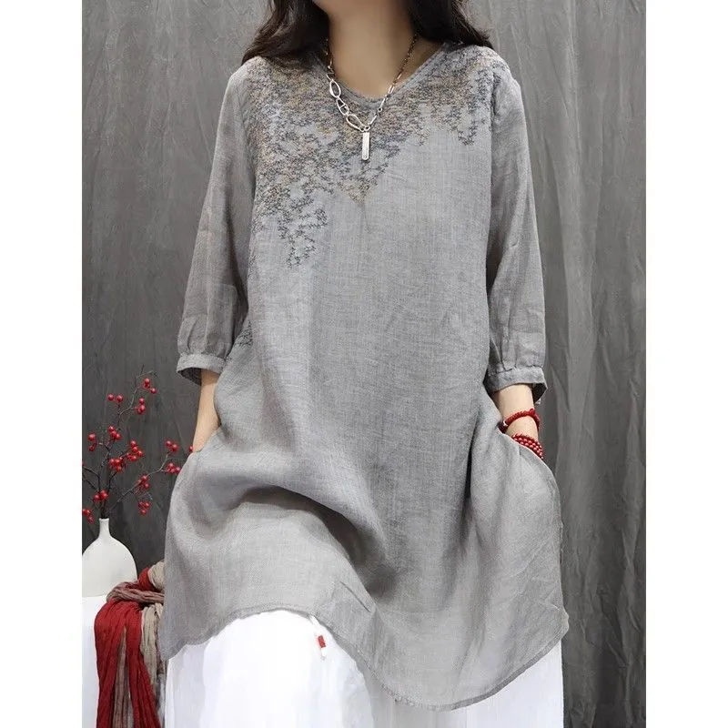 Vintage Embroidered Loose Slim-fit Bohemian Casual Mid-length Top - Red