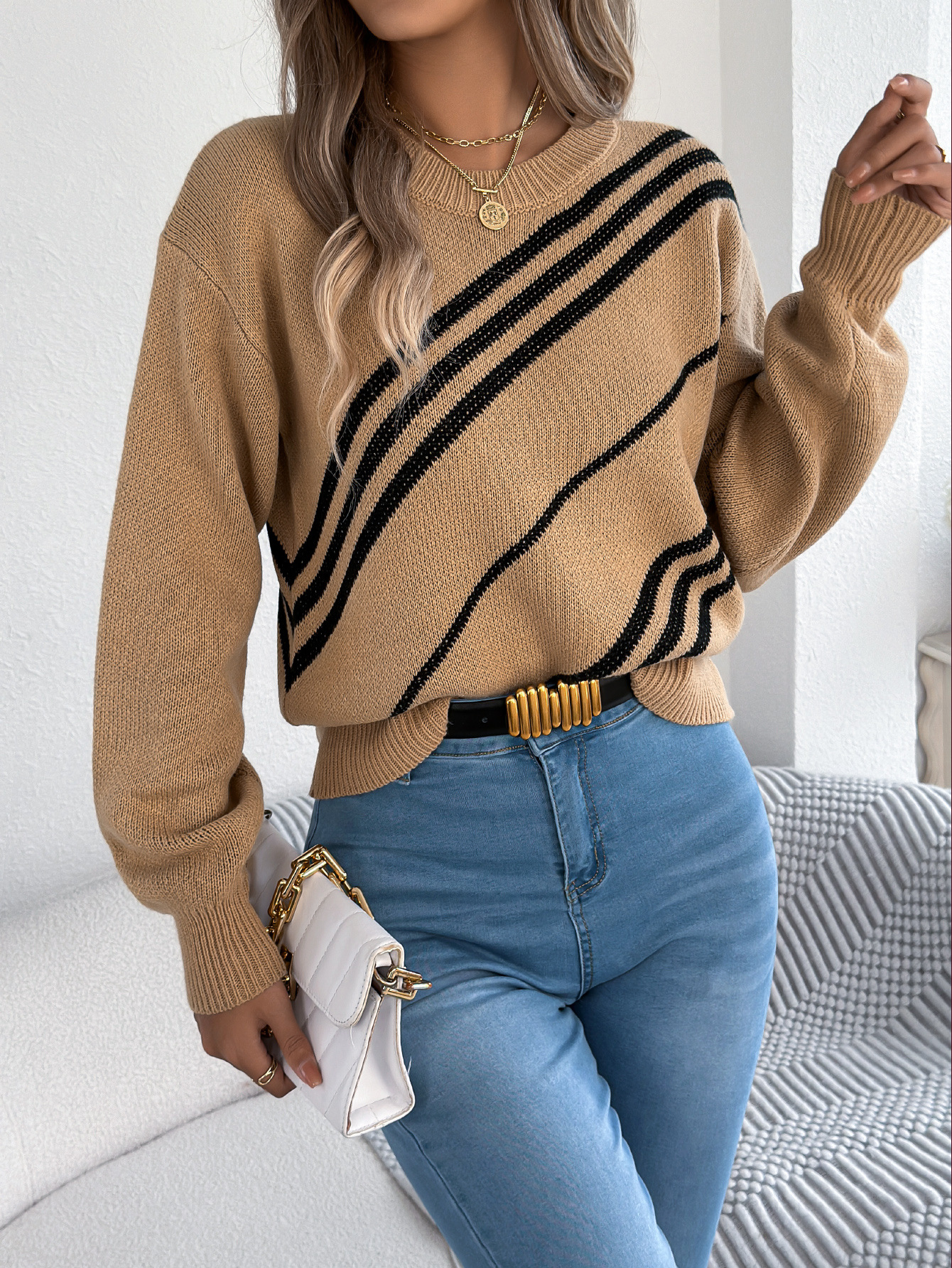 Women's Casual Striped Round Neck Lantern Long Sleeve Pullover Sweater