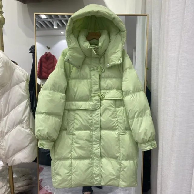 Off season Hooded Down Jacket Women's Mid length Horn Button Slimming White Duck Down Green - Shop at LoveMi