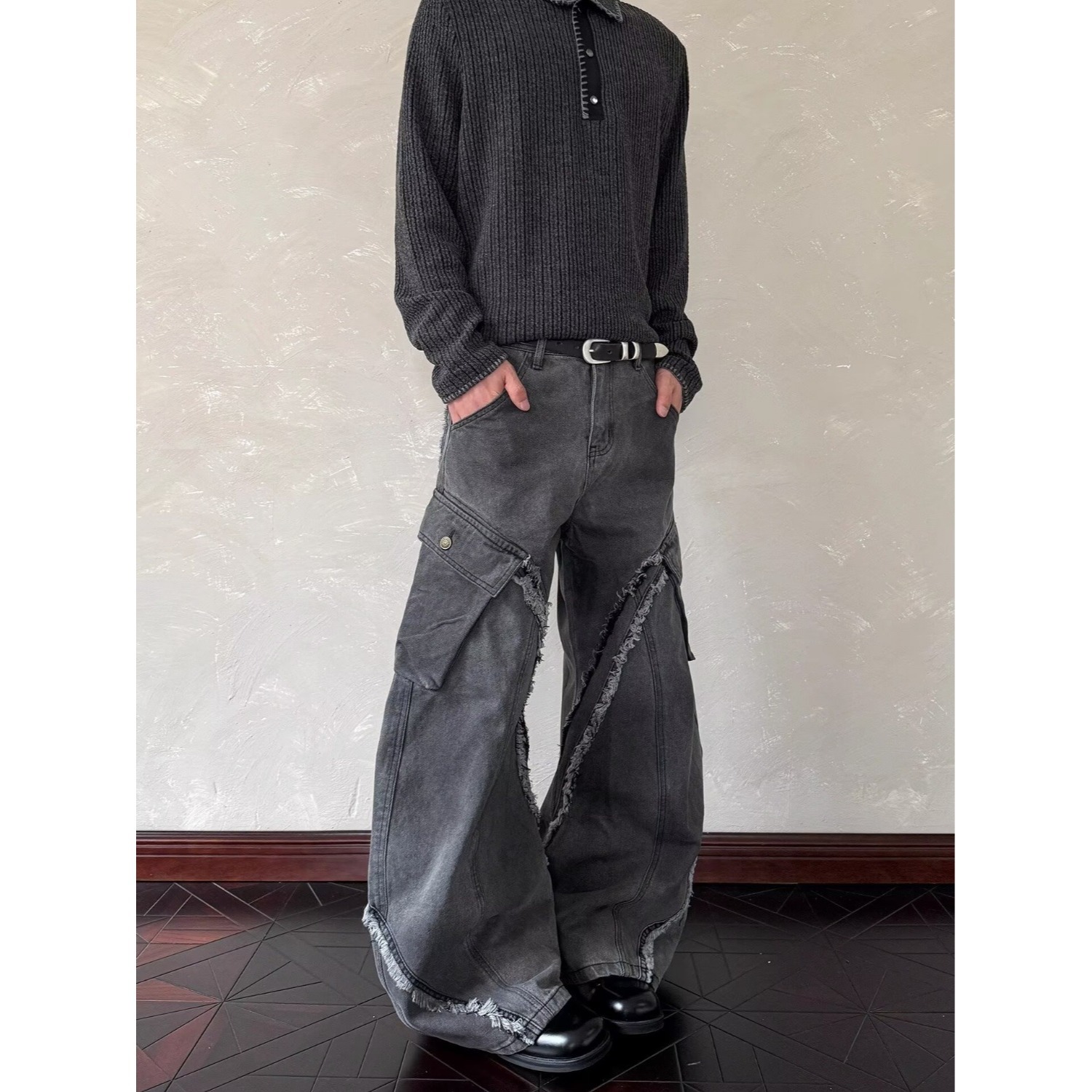 Washed Distressed Patchwork Loose Wide-Leg Pants For Men