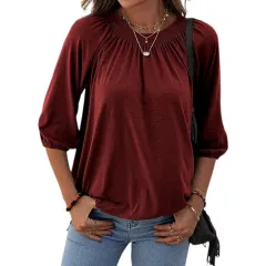 Women's Autumn Temperament Pullover Round Neck Loose Three-quarter-length-sleeved T-shirt - Red - View 1
