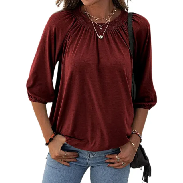 Women's Autumn Temperament Pullover Round Neck Loose Three quarter length sleeved T shirt Wine Red - Shop at LoveMi