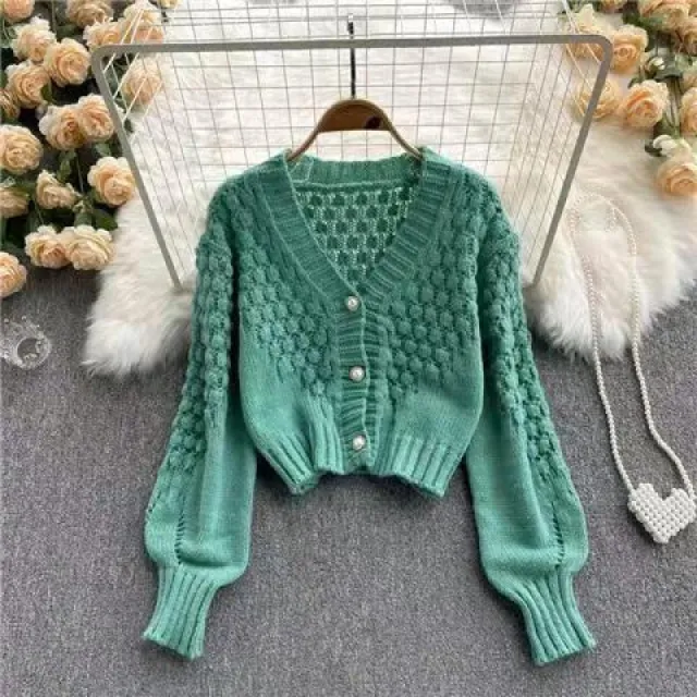 Knitted Cardigan Sweater Coat Women's V neck Design Sense Green - Shop at LoveMi