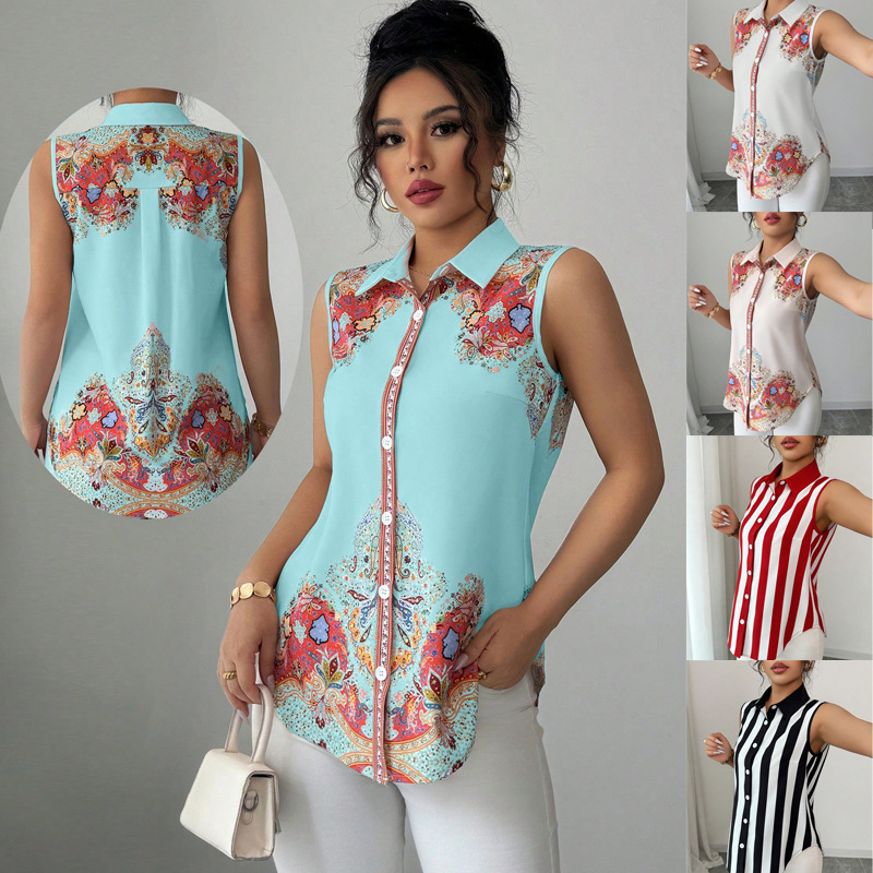 Sleeveless Striped Printed T-Shirt With Buttons For Women