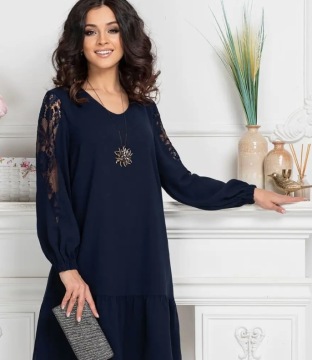 Round Neck Long Sleeve Hollow Lace Sleeve Slim Fit Patchwork Dress