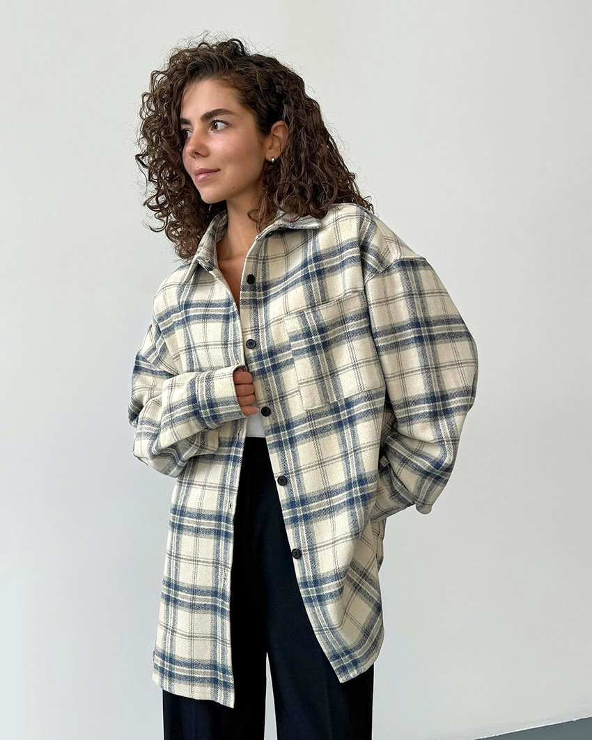 Title 5, Lapel Loose Plaid Long Sleeve Shirt