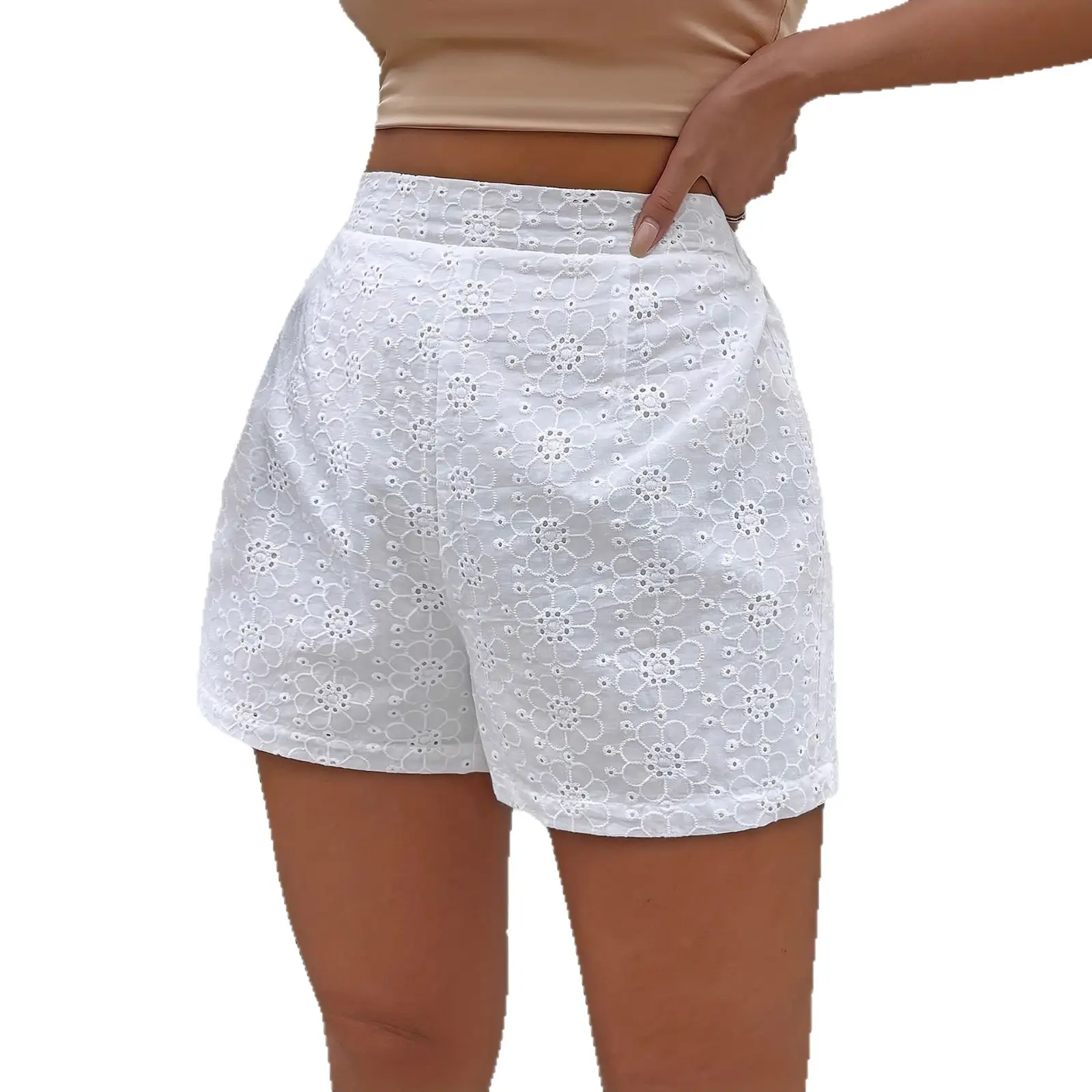 Eyelet Embroidered Cotton High-Waist Lace Casual Pants
