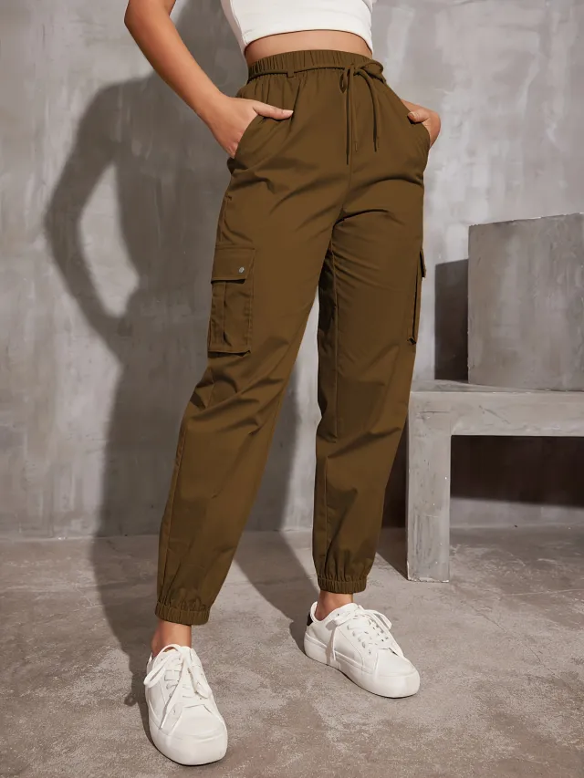 Polyester High Waist Wide Leg Ankle tied Sports Pants Brown - Shop at LoveMi