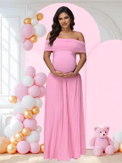 Summer New Off-shoulder Pleated Dress - Pink - View 1