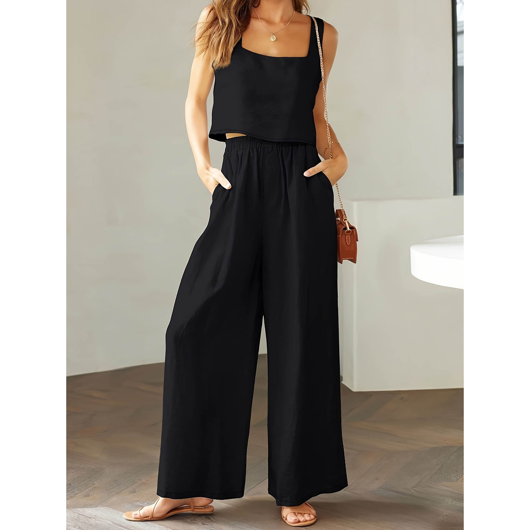 Square Collar Sleeveless Camisole Wide Leg Pants Leisure Suit