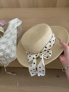 French Sweet Polka Dot Tie Ribbon Sun Hat - Beige - View 1