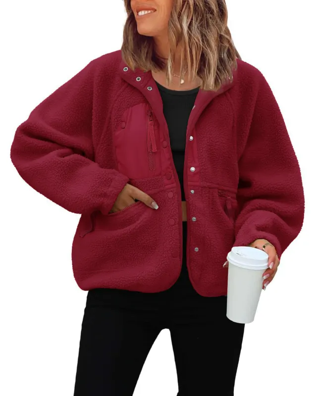 Polar Fleece Sports And Leisure Sweater Jacket Top Wine Red - Shop at LoveMi