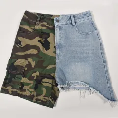Women's Denim Stitched Camouflage Shorts - Camouflage Contrast Colour-M - View 1