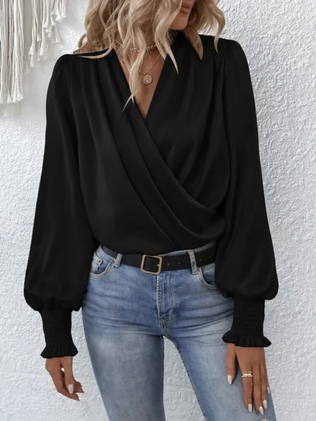 Women's Elegant Women's V neck Lantern Sleeve Style Solid Color Shirt Black - Shop at LoveMi
