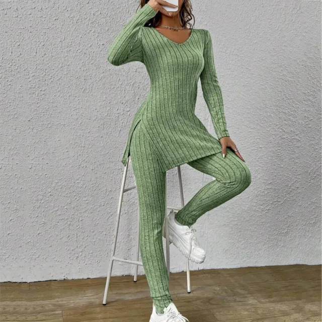 Long Sleeve Split Round neck Shirt Loose Smart Trousers Suit Green - Shop at LoveMi