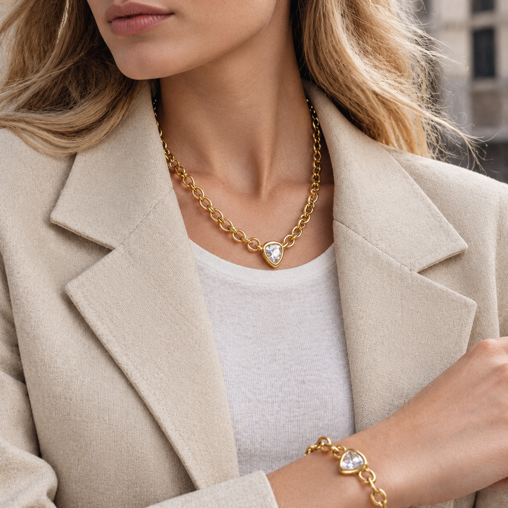 Zircon Titanium Steel Necklace And Bracelet For Women