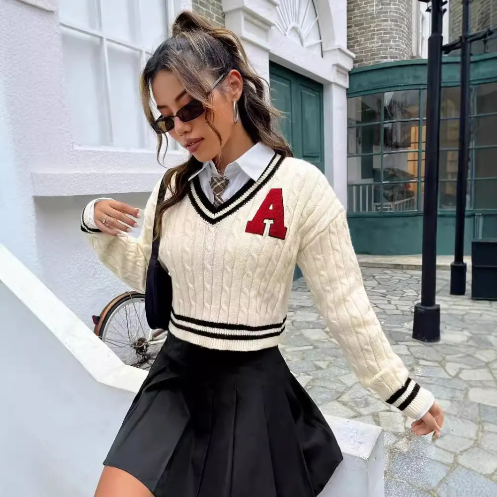 V-neck Youthful Campus Younger Knitted Shirt Slim Striped Long