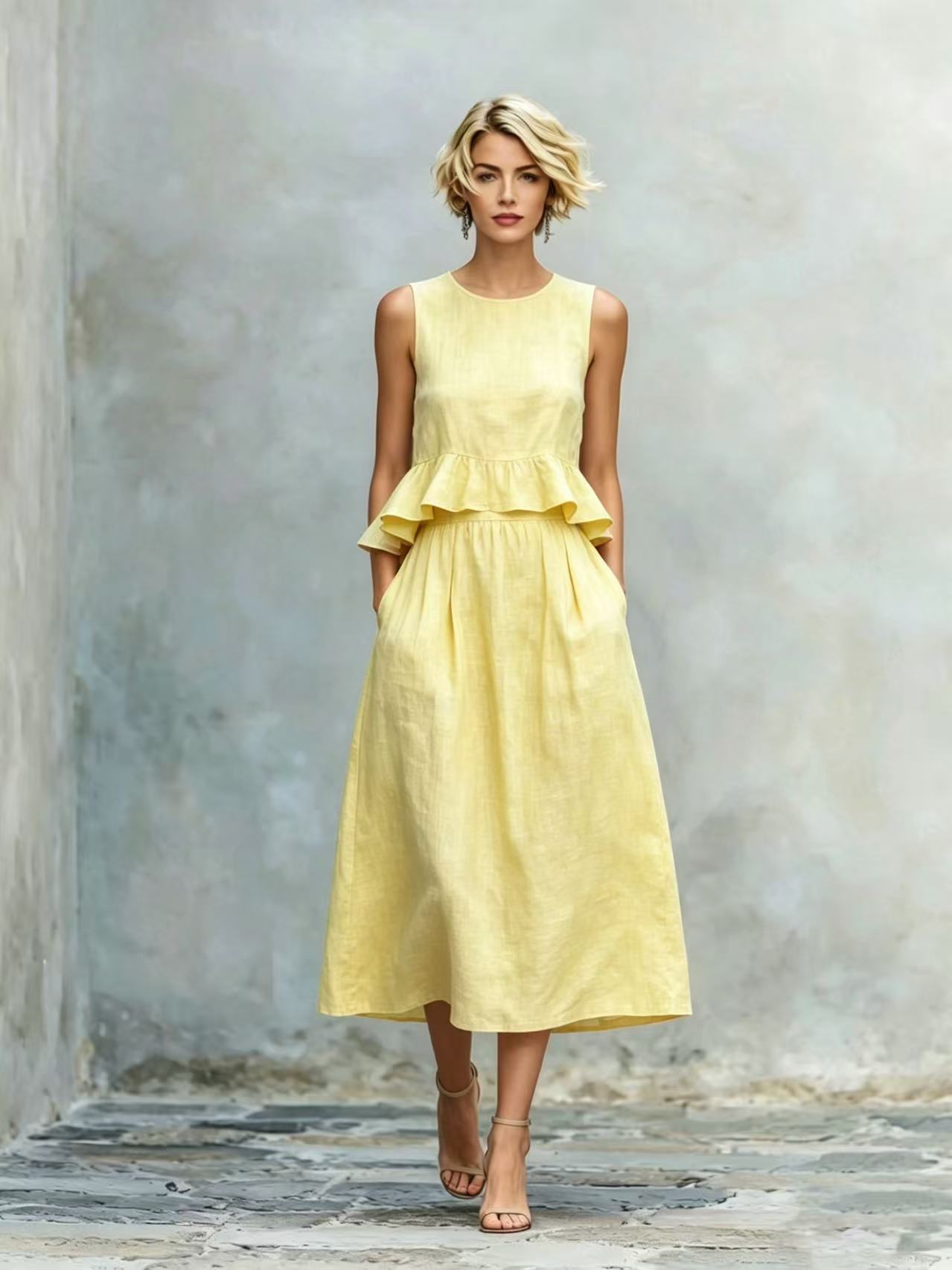 Women's Sleeveless Ruffle Maxi Dress in Yellow – full length vacation dress