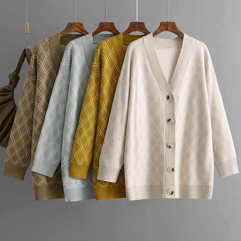 V-neck Cardigan Sweater Casual Loose Diamond Plaid Sweater Coat