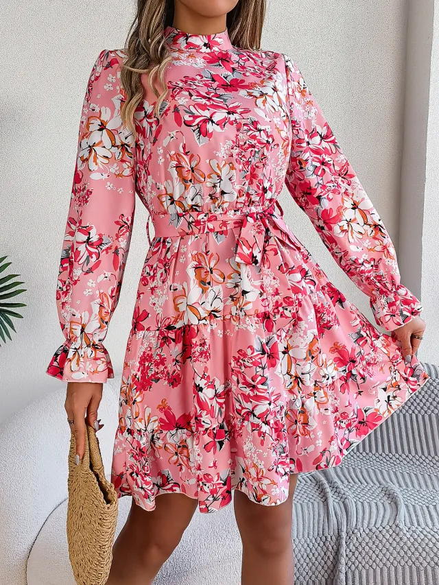 Standing Collar Floral Print Waist controlled Long Sleeves Ruffled A line Dresses For Women Spring Autumn Ruffle Edge Long Dress Pink - Shop at LoveMi