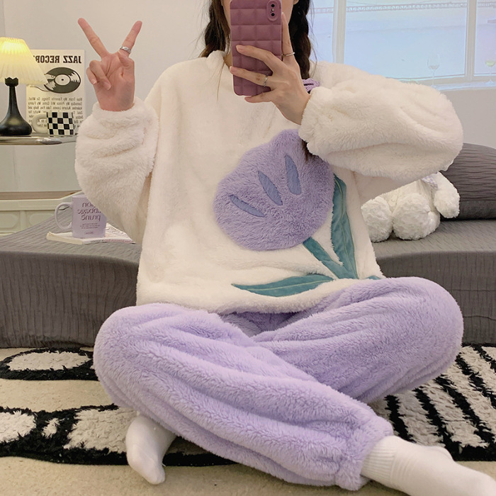 Flannel Pajamas Female Sweet Girl Crew Neck Casual Student Thickened Warm Can Be Outerwear Homewear 4853Style - Shop at LoveMi