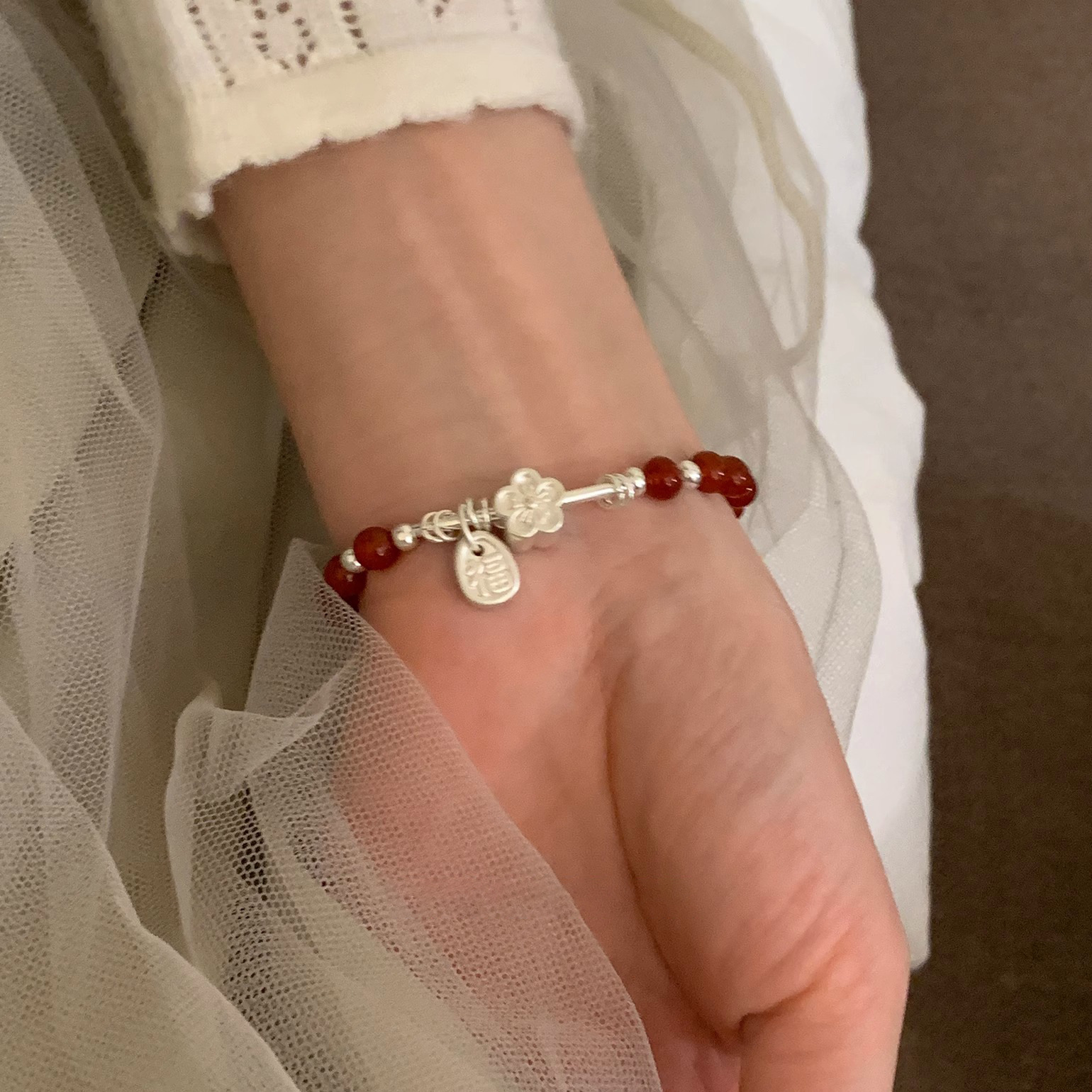 Rare Chinese-style Design Red Agate Flower And Fu Character Bracelet