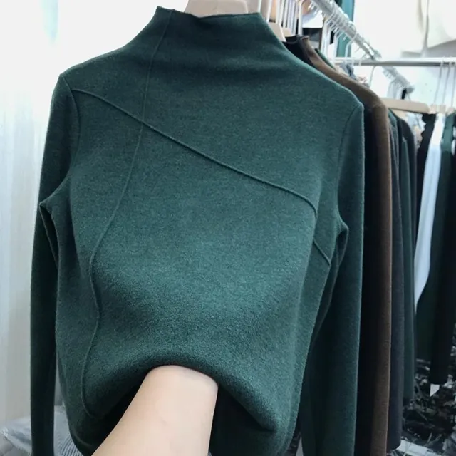 Dralon Half Turtleneck Bottoming Shirt Western Style Slim Fit Warm Long Sleeves Dark Green - Shop at LoveMi