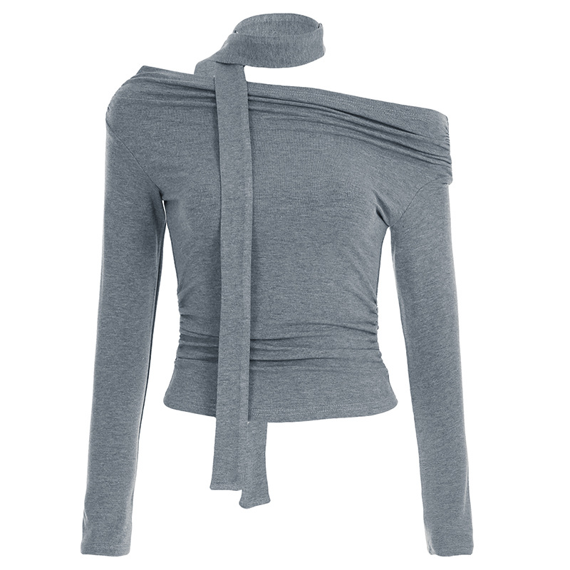 Off shoulder Solid Color Long sleeved Top Women Gray - Shop at LoveMi