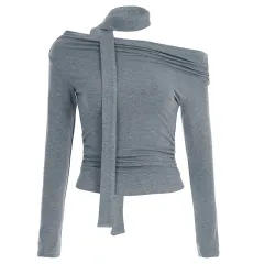 Off-shoulder Solid Colour Long-sleeved Top Women - Grey - View 1