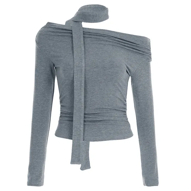 Off shoulder Solid Color Long sleeved Top Women Gray - Shop at LoveMi
