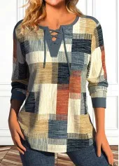 Printed Contrast Color V neck Long Sleeve T shirt No 1 Color - Shop at LoveMi