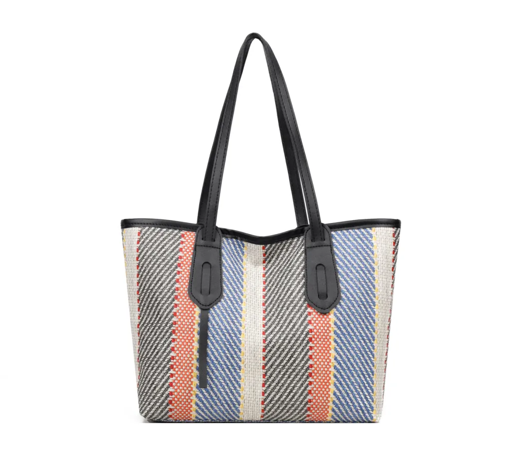 Bag Female Cotton And Linen Stripes Tote Bag Fabric Shoulder Bag - Blue