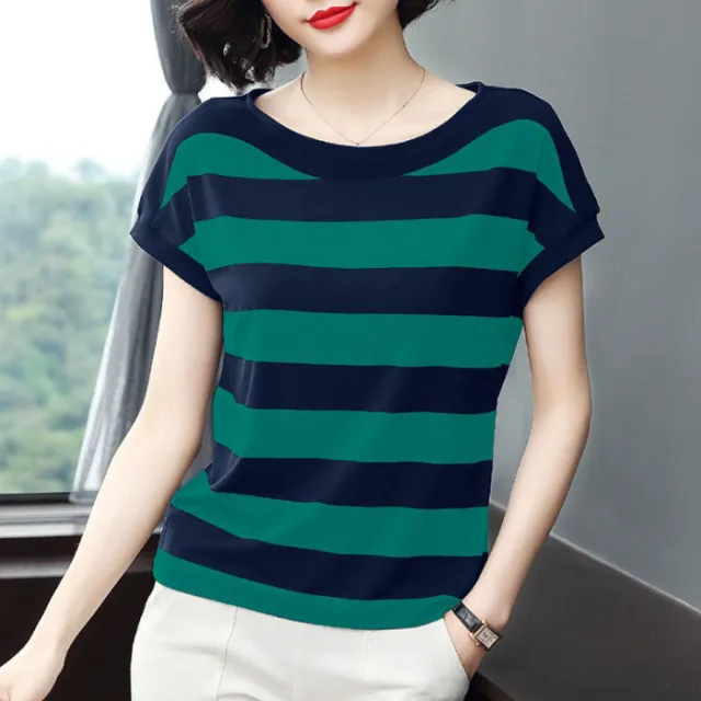Striped Loose Short sleeved T shirt For Women Green And Blue - Shop at LoveMi