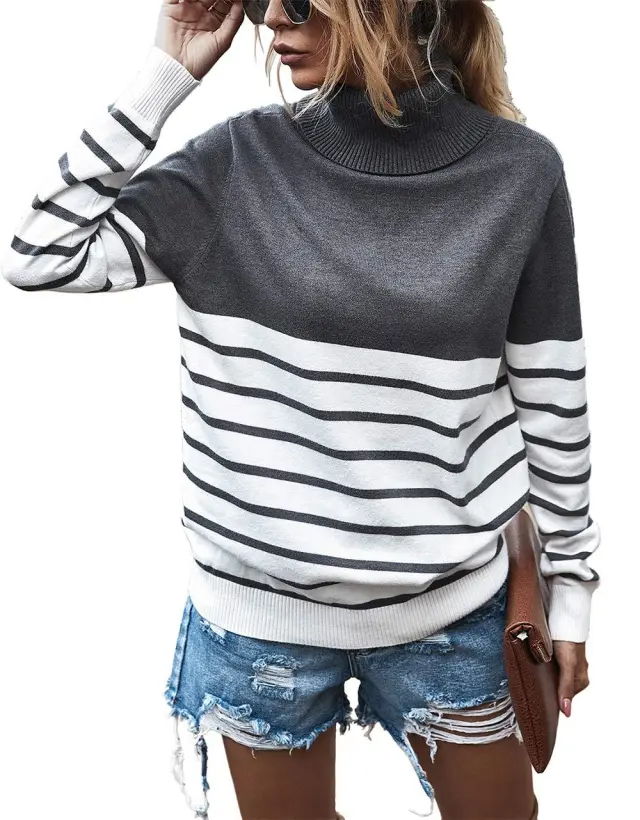 Women's Striped Color Matching Sweater Gray - Shop at LoveMi