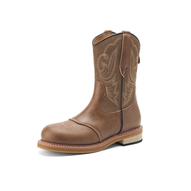 Mid calf Boots For Women Flat Bottom V Cut Embroidery Back Zipper Brown - Shop at LoveMi
