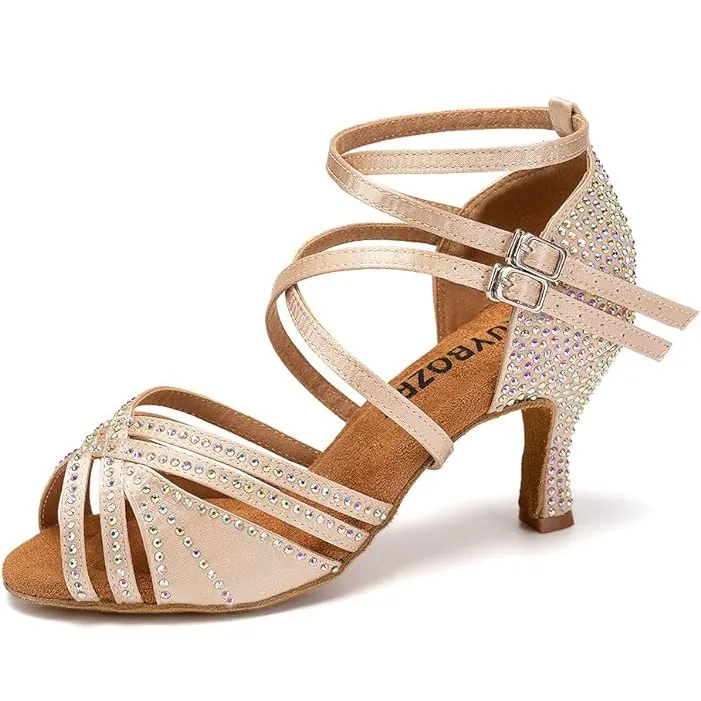 Hot Drilling Latin Dance Shoes Women's Middle Heel - Skin Color 7.5Heel-37