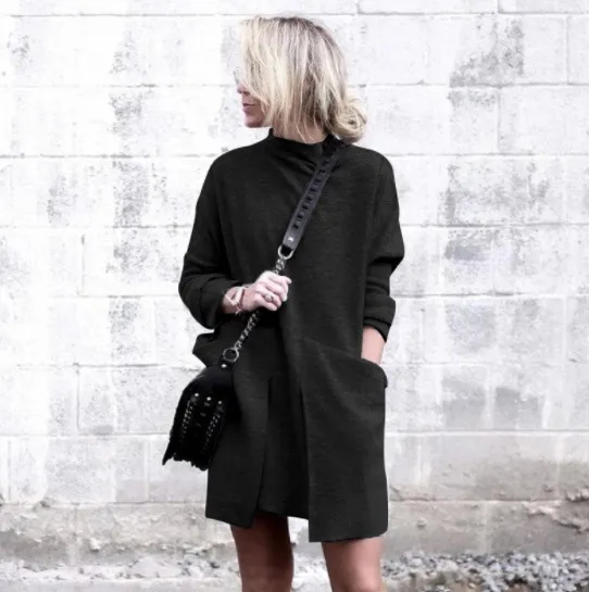 European And American New Autumn And Winter Fashion Round Neck Pocket Long Sleeve Black - Shop at LoveMi