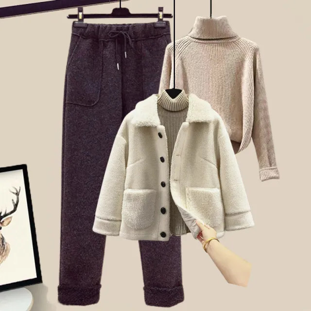 Lamb Wool Fur Sweater Casual Pants Three Piece Set Fashion Suit Women White Apricot Black - Shop at LoveMi