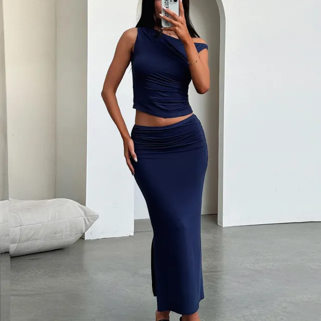 European And American One shoulder Pleated Off shoulder Top Sheath Skirt Two piece Set Blue - Shop at LoveMi